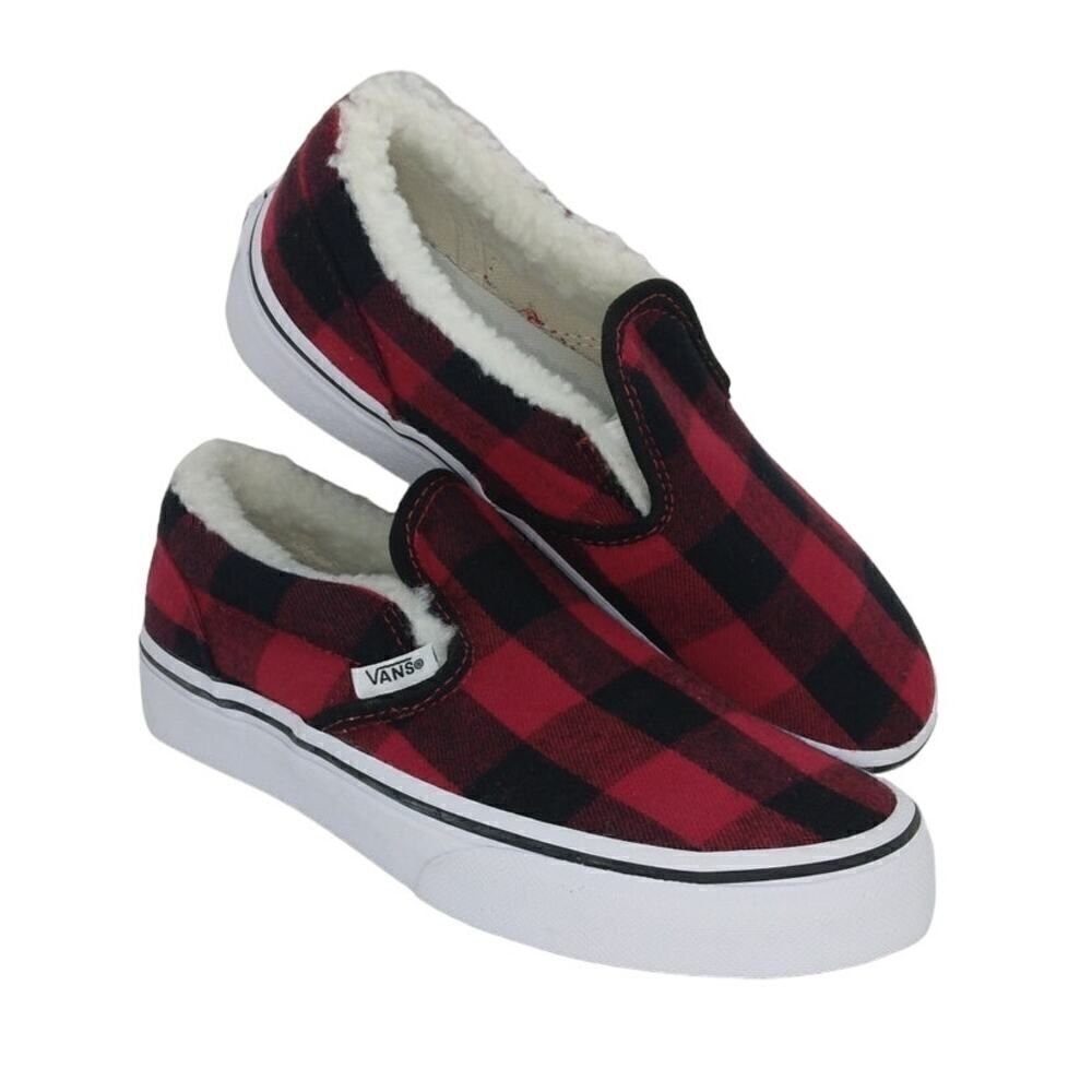 VANS Classic Slip-on Kids NEW w/Tags Red/Black Plaid Sherpa Sneakers - sz. 1 1/2